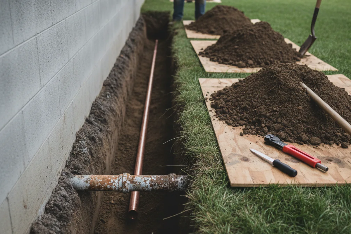 Excavated water line trench during Sewer Line Repair in Tilton